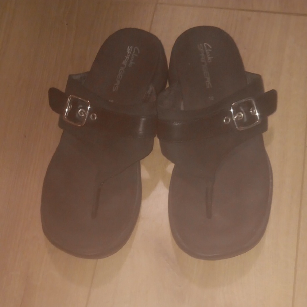Clarks Brown Leather Sandals with Metallic Buckle